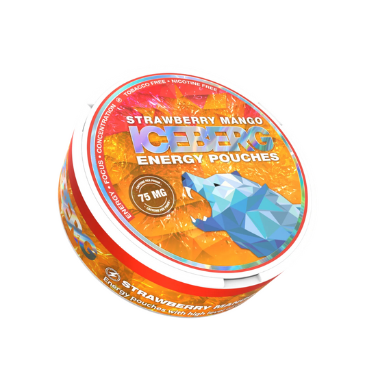 Close-up of Iceberg Strawberry Mango 75 mg Energy Pouches – slim, tobacco- & sugar-free sachets in a vibrant pink-yellow pack; fast delivery in Dubai, Abu Dhabi, Sharjah & UAE