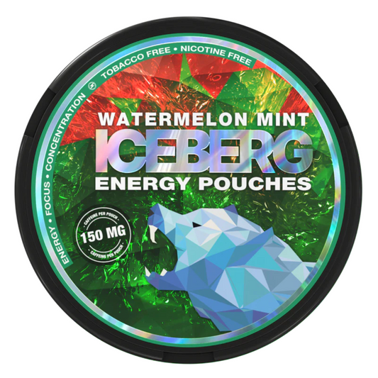 Iceberg Watermelon Mint 150mg Energy Pouch pack on white background – nicotine-free, sugar-free caffeine boost with juicy watermelon and crisp mint flavor, fast  Dubai, Abu Dhabi, Sharjah & UAE delivery