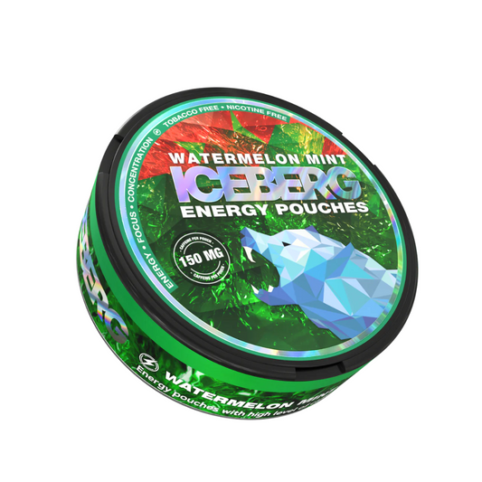 Iceberg Watermelon Mint 150mg Energy Pouches – pack of nicotine-free, sugar-free caffeine pouches with juicy watermelon & crisp mint flavor, fast Dubai & UAE delivery
