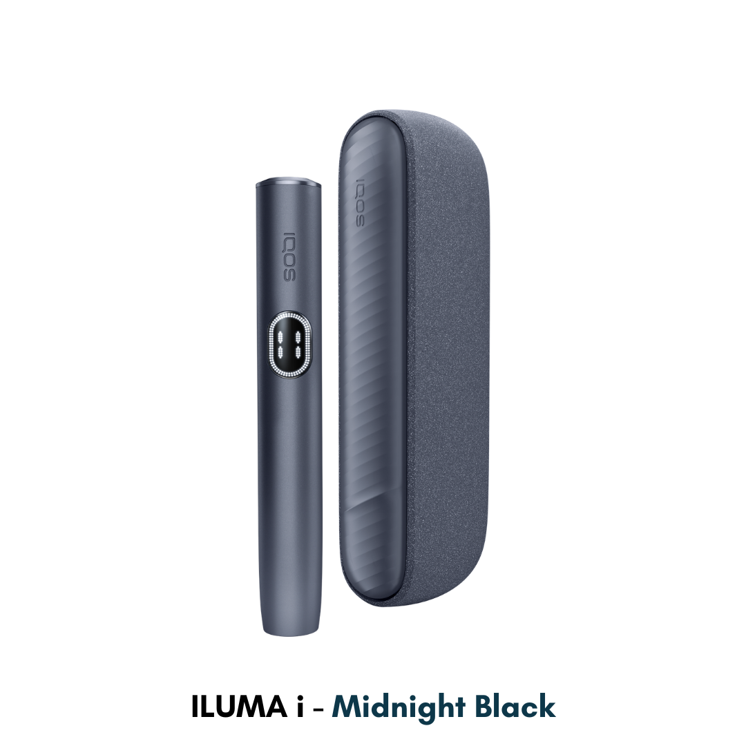 IQOS ILUMA i Kit heating device in Midnight Black – sleek black two-piece tobacco heater (Dubai, UAE).