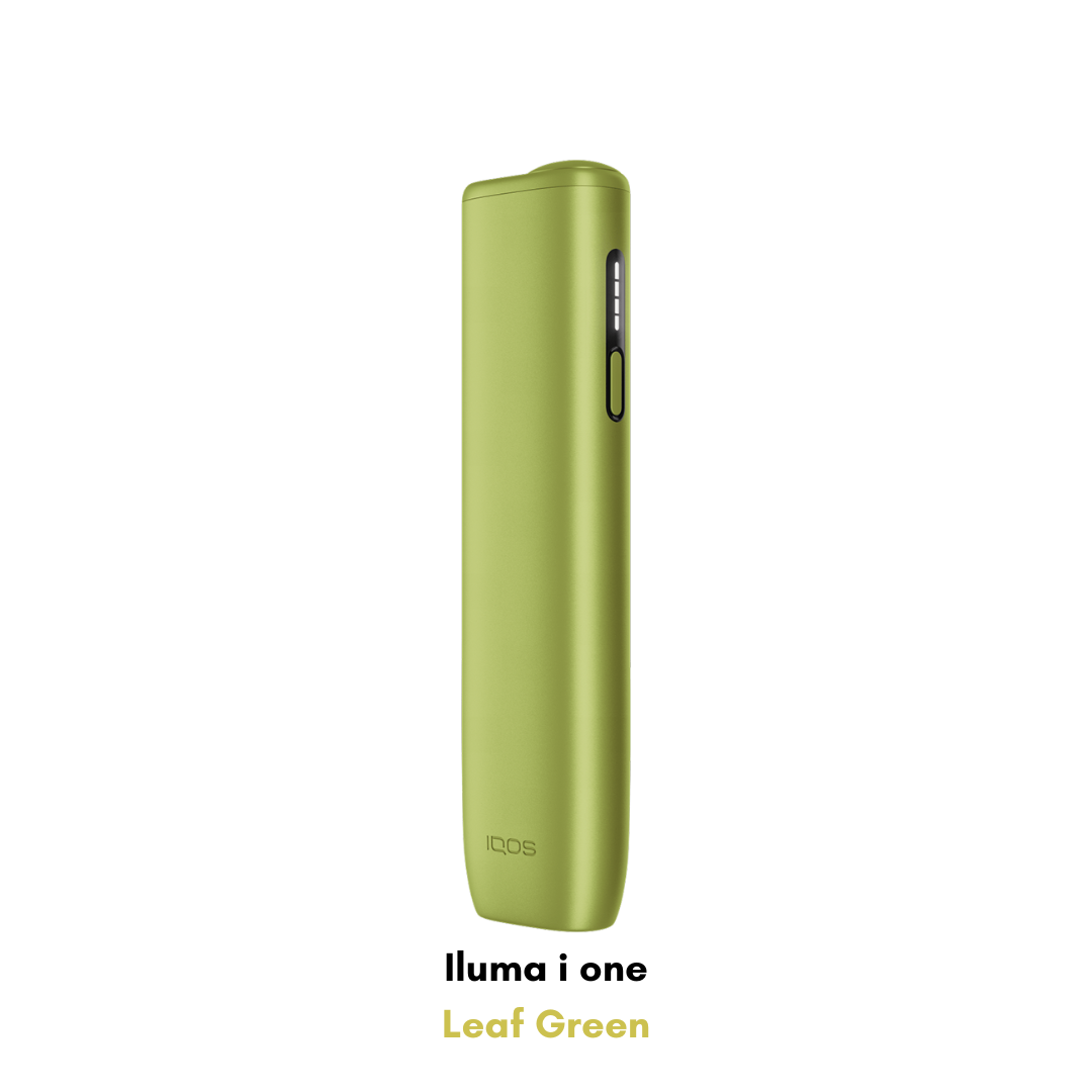 IQOS ILUMA i One Kit in Leaf Green – elegant compact heated tobacco gadget, 20 sessions per charge.