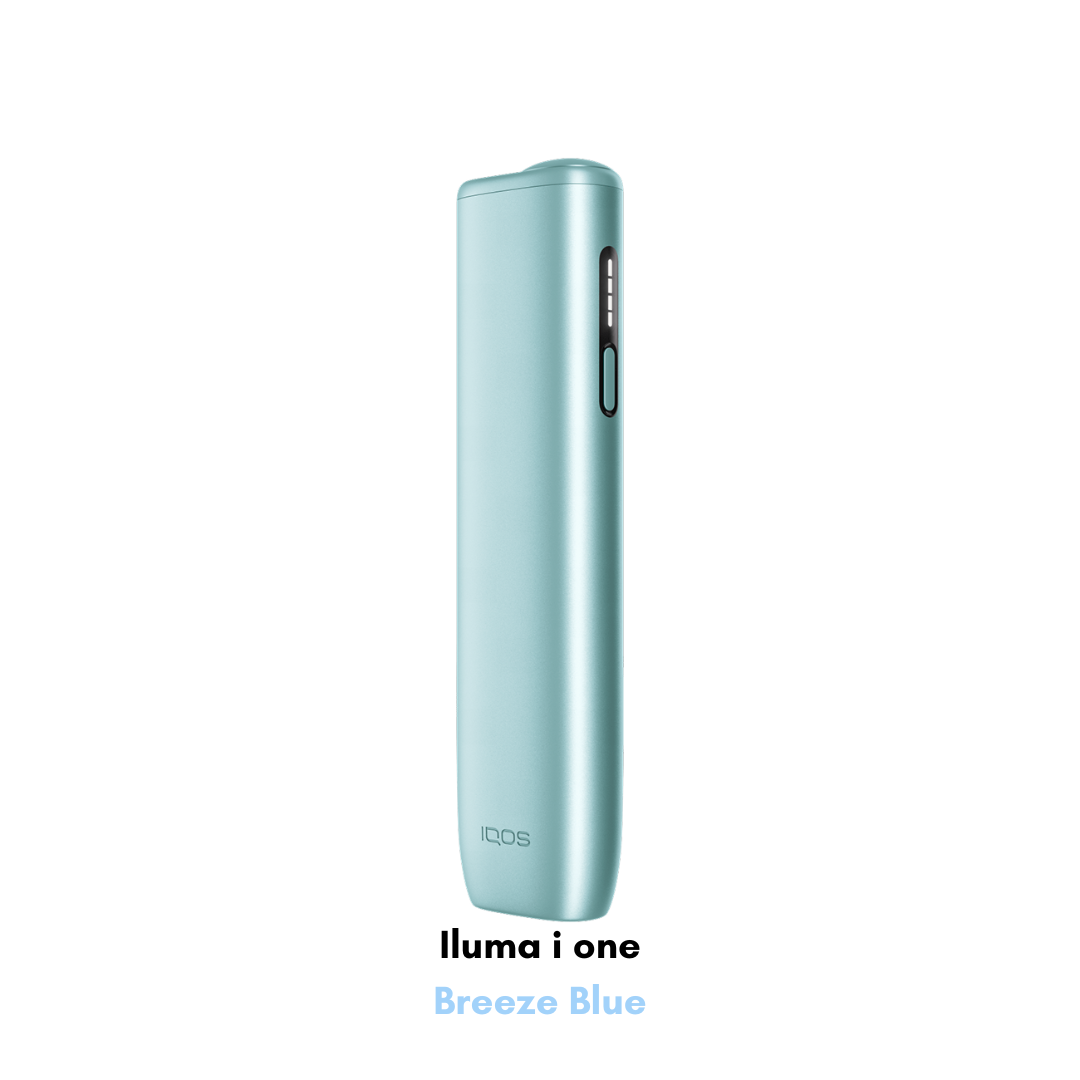 IQOS ILUMA i One Kit in Breeze Blue – stylish pocket-sized heat-not-burn tobacco device.