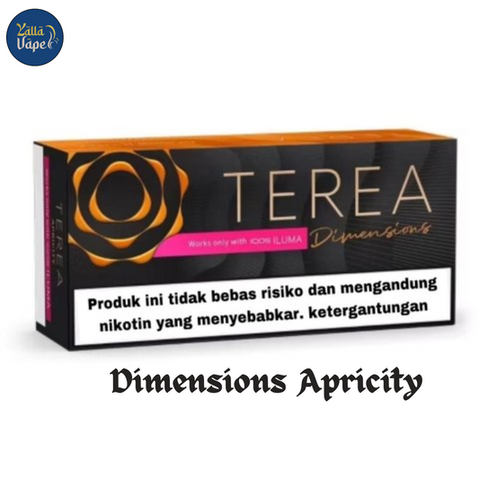 IQOS TEREA Dimensions Apricity 10-Pack premium Indonesian heated tobacco sticks box with apricot imagery, fast UAE delivery.