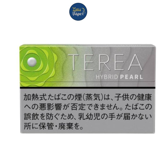 Close-up of an IQOS TEREA Hybrid Pearl Green Fruit tobacco stick with a burstable green fruit capsule and sleek pearl-white filter, made in Japan, pack of 20 sticks, compatible with IQOS ILUMA series, available in Dubai, Abu Dhabi and across the UAE.