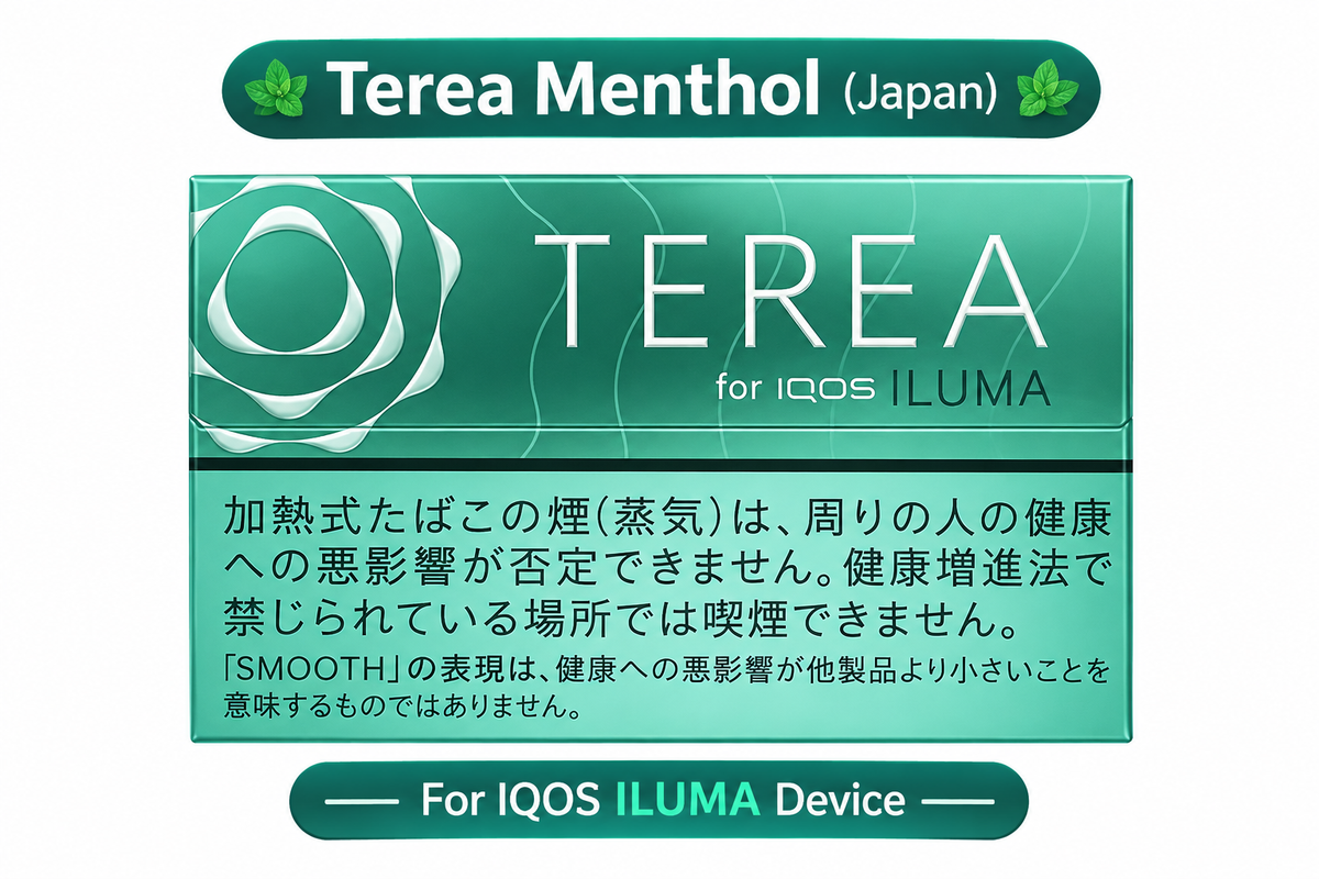 TEREA Menthol Japan Edition tobacco sticks for IQOS ILUMA, showing the original TEREA Menthol packaging and Japanese-market design, with a menthol tobacco blend and cooling taste profile.