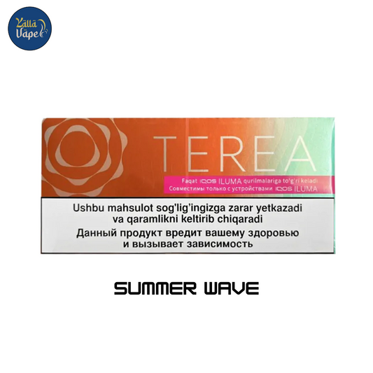 IQOS TEREA Summer Wave 10-pack box made in Uzbekistan, sleek white-orange packaging set against the Dubai skyline, showcasing premium fruity-menthol tobacco sticks