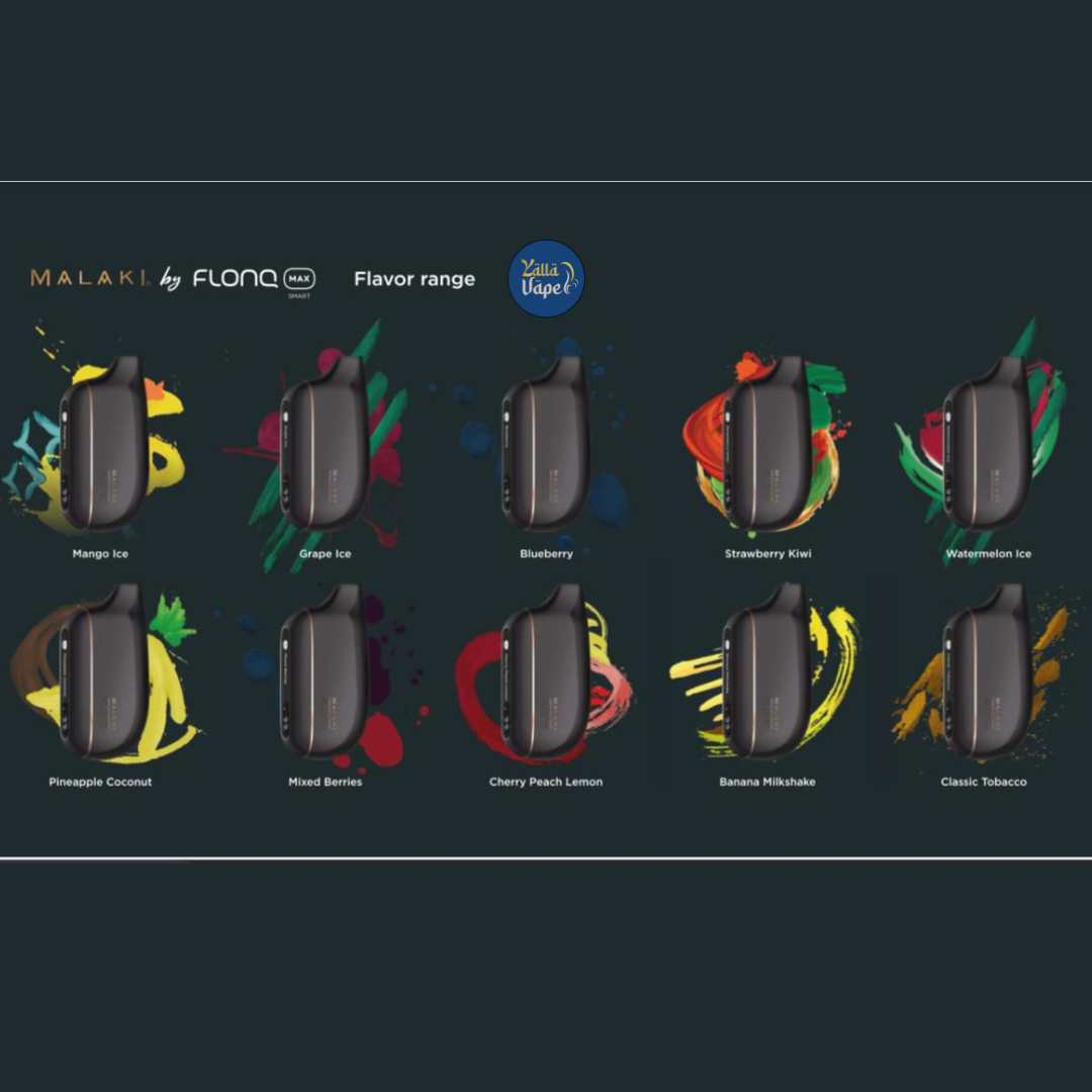 Malaki Flonq Max Smart 10,000 Puffs 20mg disposable vape — main image showing all flavors: Mango Ice, Grape Ice, Blueberry, Strawberry Kiwi, Watermelon Ice, Pineapple Coconut, Mixed Berries, Peach Berry Lemon, Banana Milkshake, Classic Tobacco — Buy Dubai UAE