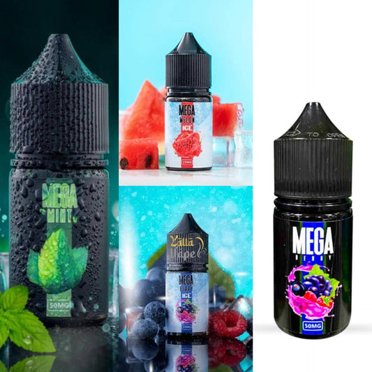 Mega 30ml Saltnic 25mg & 50mg Premium Vape Juice All Flavours - Banana Ice, Berry Ice, Coffee Tobacco, Cola Ice, Energy Ice, Grape, Guava Ice, Gum Ice, KDB, Mango, Mango Ice, Mango Grape Ice, Mango Peach Ice, Mango Strawberry Ice, Melon Ice, Mint, Passion Fruit Ice, Peach Ice, Smooth Tobacco, Strawberry Ice Buy Online Dubai UAE