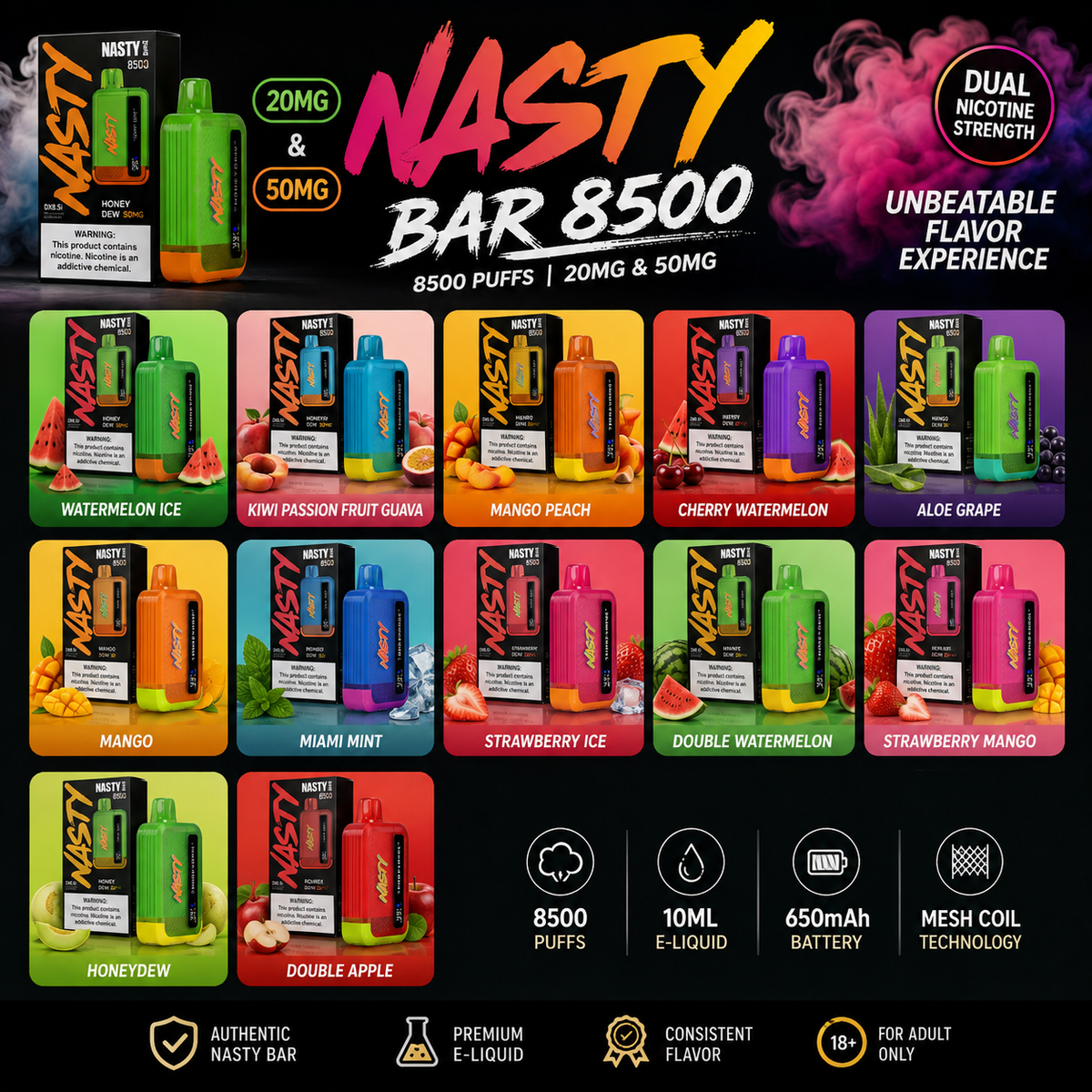 Nasty Bar 8500 Puffs 20mg & 50mg Disposable Vape showcasing all flavor options (Watermelon Ice, Kiwi Passion Fruit Guava, Mango Peach, Cherry Watermelon, Aloe Grape, Miami Mint, Strawberry Ice, Mango, Double Watermelon, Strawberry Mango, Honeydew, Double Apple, Berry, Blackcurrant & more). Premium long-lasting vape for UAE.