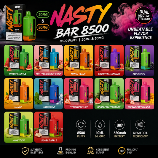 Nasty Bar 8500 Puffs 20mg & 50mg Disposable Vape showcasing all flavor options (Watermelon Ice, Kiwi Passion Fruit Guava, Mango Peach, Cherry Watermelon, Aloe Grape, Miami Mint, Strawberry Ice, Mango, Double Watermelon, Strawberry Mango, Honeydew, Double Apple, Berry, Blackcurrant & more). Premium long-lasting vape for UAE.