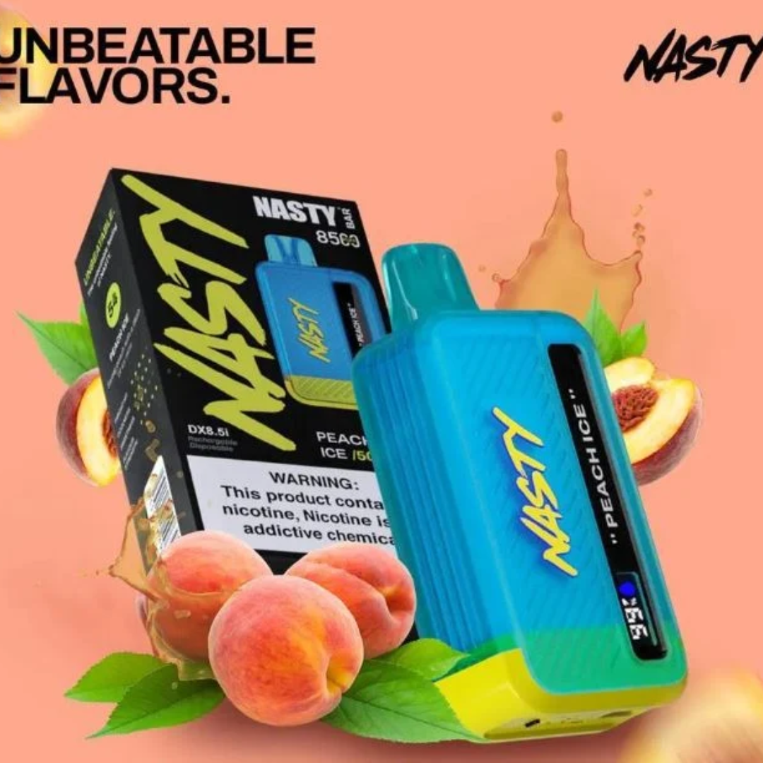 Nasty Bar 8500 Puffs – Peach Ice flavor: A sweet, juicy, and ripe orchard peach taste on the inhale
