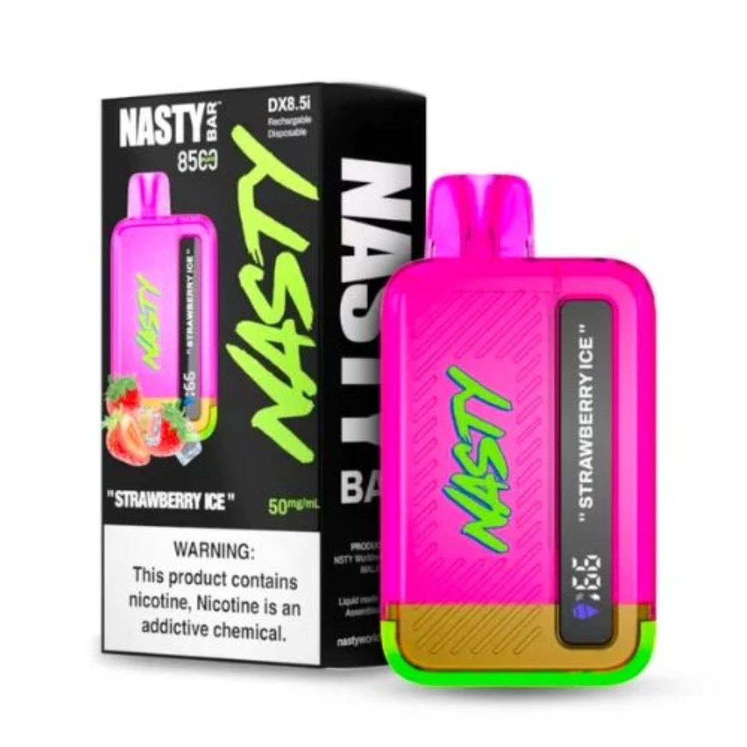 Nasty Bar 8500 Puffs – Strawberry Ice flavor: sweet & sour strawberry burst with icy coolness.