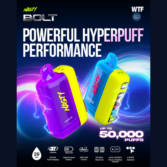Watermelon Ice; Peach Ice; Strawberry Ice; Kiwi Passion Fruit Guava; Grape Ice; Berry Grape; Mango Ice; Cherry Cola; Strawberry Watermelon; Blueberry Ice; Raspberry Watermelon; Mix Berry; Energy Drink; Apple Ice; Strawberry Kiwi; VCT — Nasty Bolt Hyperbeast 50K (50,000 Puffs) Disposable Vape — Buy in Dubai, Abu Dhabi & Sharjah, UAE