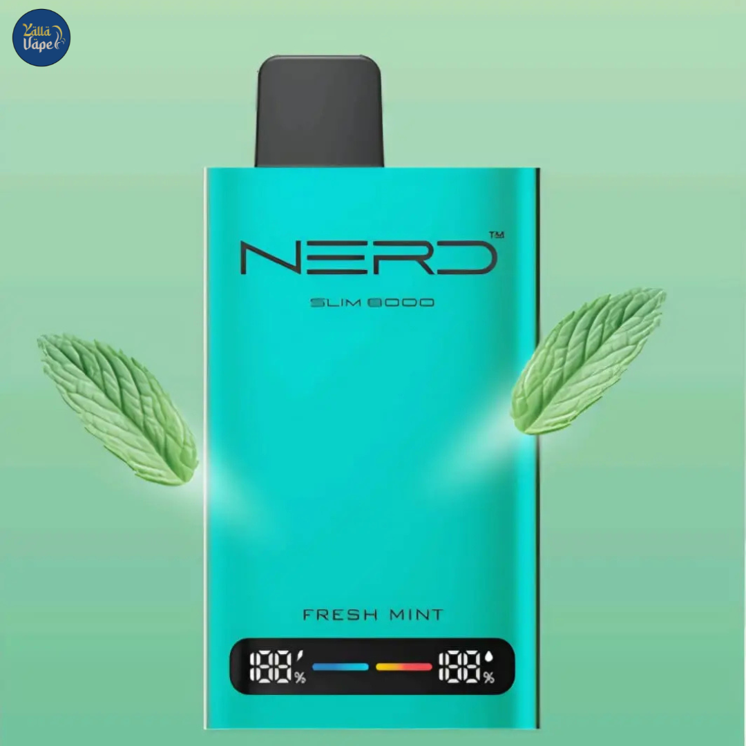Premium Nerd Slim 8000 Puffs Fresh Mint 20mg Disposable Vape - Sleek design, refreshing mint flavor, perfect for vaping enthusiasts in Dubai, Abu Dhabi, Sharjah, and across the UAE.