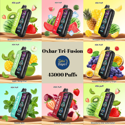 Collage of Oxbar Tri-Fusion 45000 Puffs vape flavors – Blueberry Raspberry, Apple Mango Kiwi, Cherry Strawberry, Double Mint & more | Fast delivery Dubai, Abu Dhabi & UAE