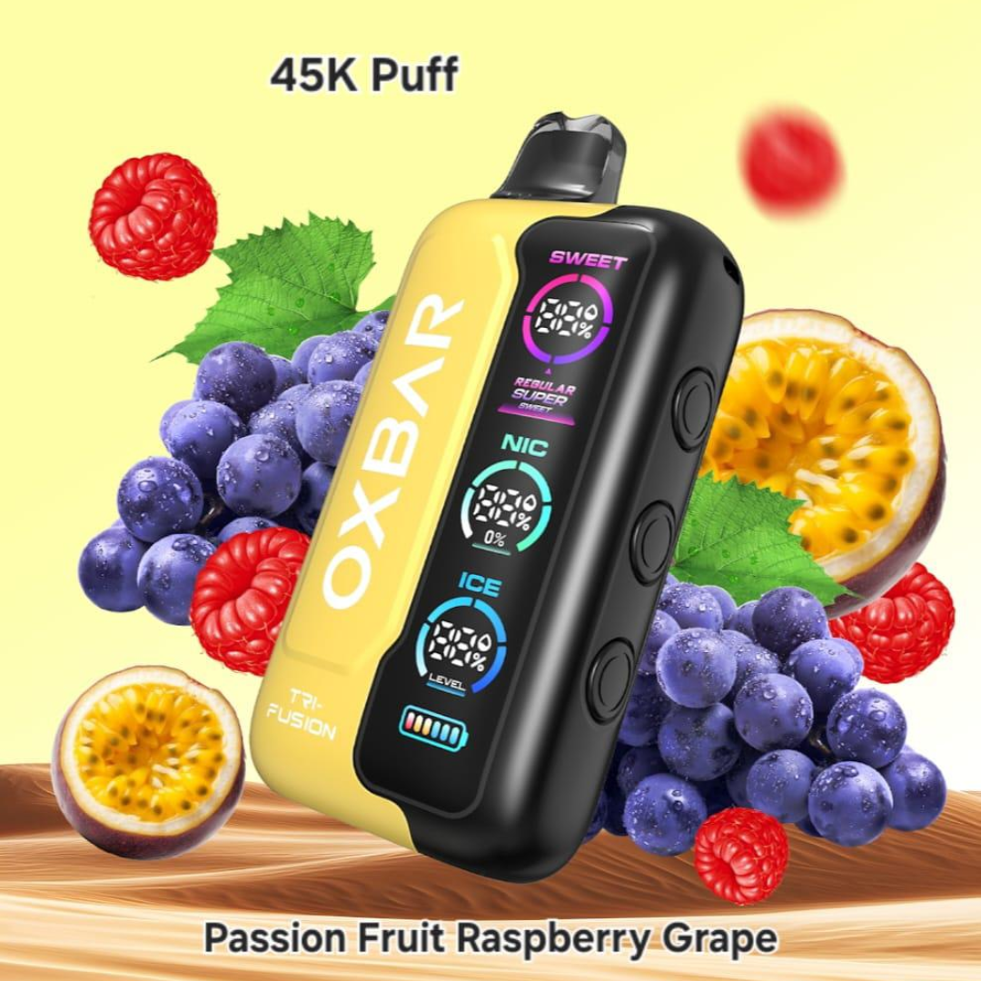 Oxbar Tri-Fusion 45000 Puffs Passion Fruit Raspberry Grape vape – exotic triple fruit, free UAE delivery in 24h