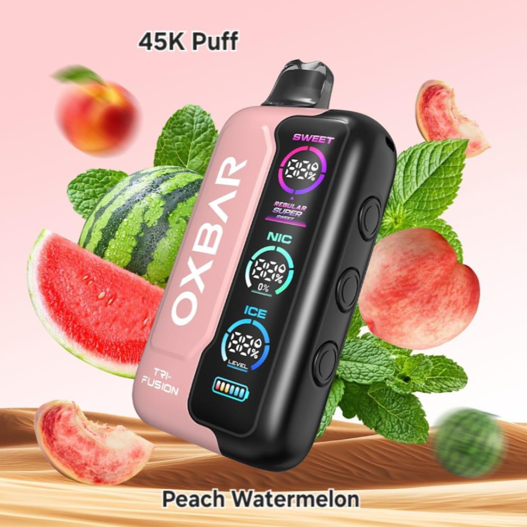 Oxbar Tri-Fusion 45000 Puffs Peach Watermelon vape – fresh peach watermelon combo, express UAE delivery