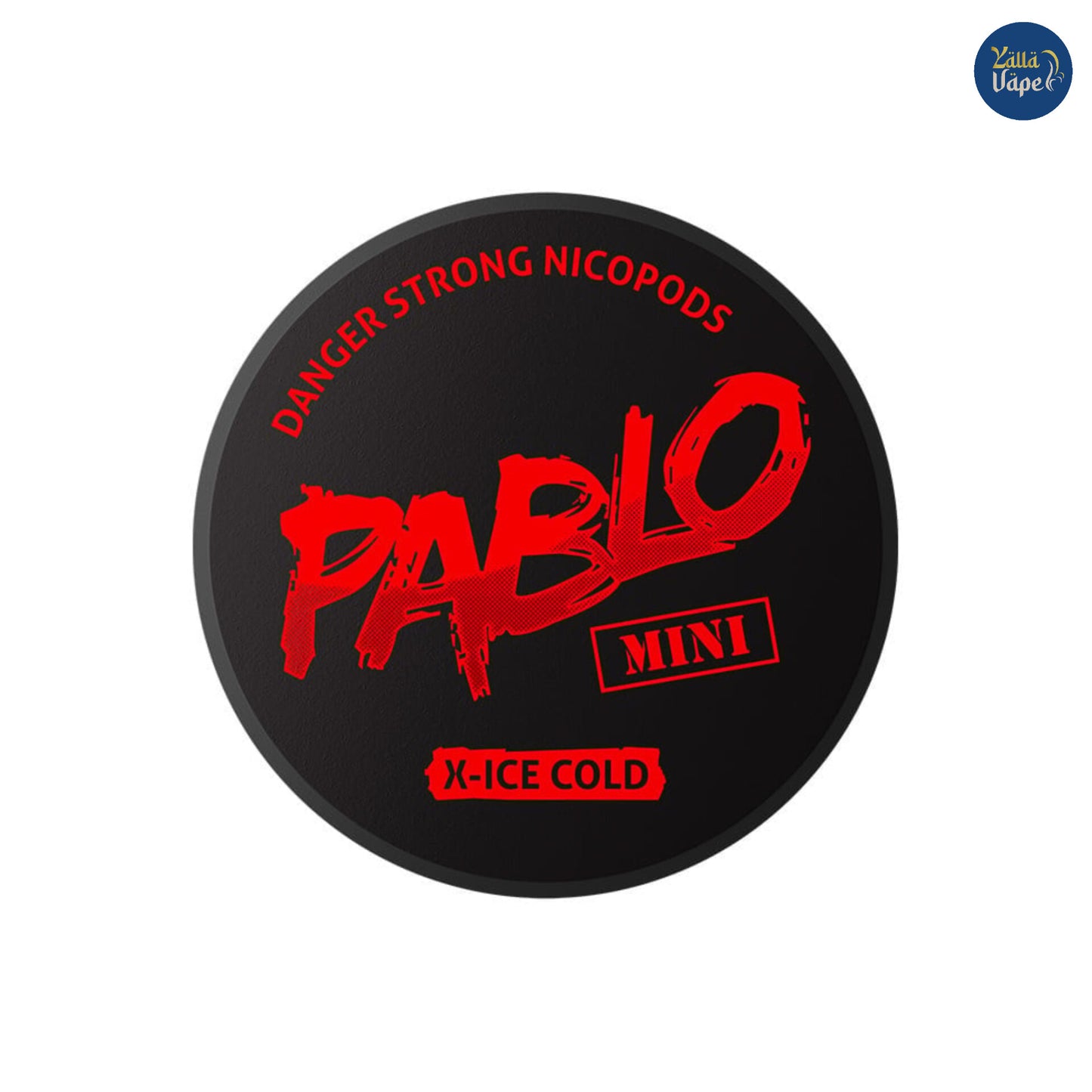 A Can of PABLO Mini X-Ice Cold nicotine pouches, a smokeless tobacco alternative containing nicotine and mint flavor, packaged in a small, portable container.