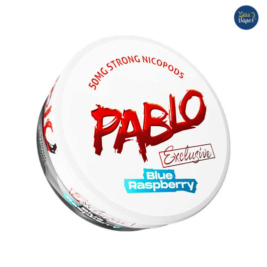 "Close-up view of Pablo Blue Raspberry 50mg Nicotine Pouches – premium, all-white, tobacco-free snus delivering a bold, tangy blue raspberry burst with an icy finish. Engineered for experienced users, these slim pouches offer a potent 50mg nicotine kick for discreet on-the-go satisfaction in Dubai, Abu Dhabi, and across the UAE.