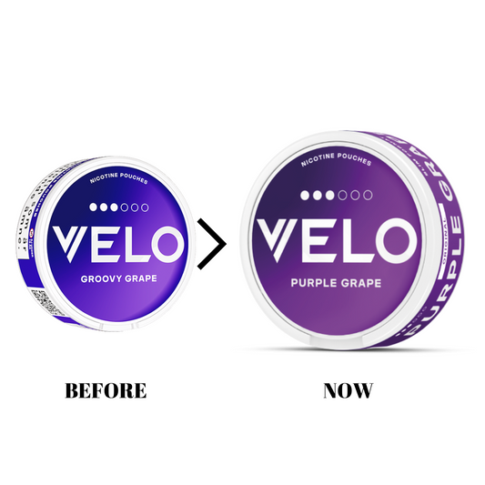 Velo Purple Grape 10mg (formerly Groovy Grape) Nicotine Pouches/Snus in sleek round packaging, featuring the same sweet grape flavor, now rebranded for a refreshing tobacco-free experience across the UAE—including Dubai, Abu Dhabi, Al Ain, Fujairah, Sharjah, Ajman, and Umm Al Quwain.
