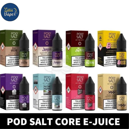 Pod Salt Core 30ml 20mg Salt Nic E-Liquid UAE – Banana Ice, Cola Lime, Lychee Ice, Strawberry, Cuban Crème, Mixed Berries Ice, Blue Raspberry, Watermelon Breeze, Double Apple, Blueberry Pomegranate, Mango Ice, Classic Tobacco, Ice Mint, Blueberry Mist, Apple, Strawberry Kiwi, Strawberry Marshmallow, Grape, Guarana, Red Apple Ice, Lemon Slice, Grape, Cantaloupe Ice, Cherry Ice and more.