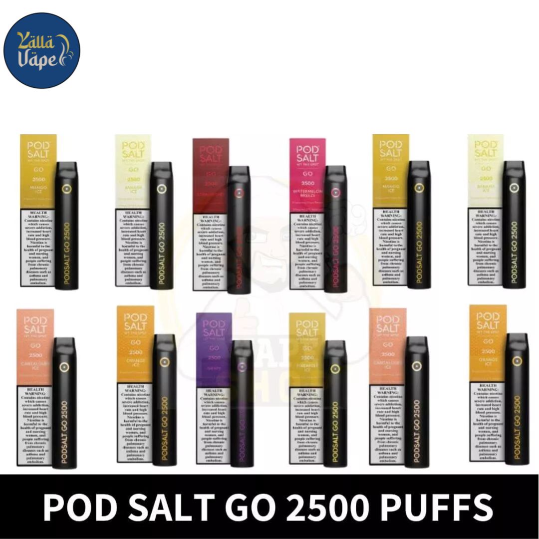 Pod Salt Go 2500 Puffs 20mg Disposable Vape all flavors including Banana Ice, Blueberry Mist, Cantaloupe Ice, Candy, Coffee Latte, Grape, Ice Mint, Mango Ice, Orange Ice, Peach Ice, Strawberry, Pineapple Ice and Watermelon Breeze disposable vape UAE