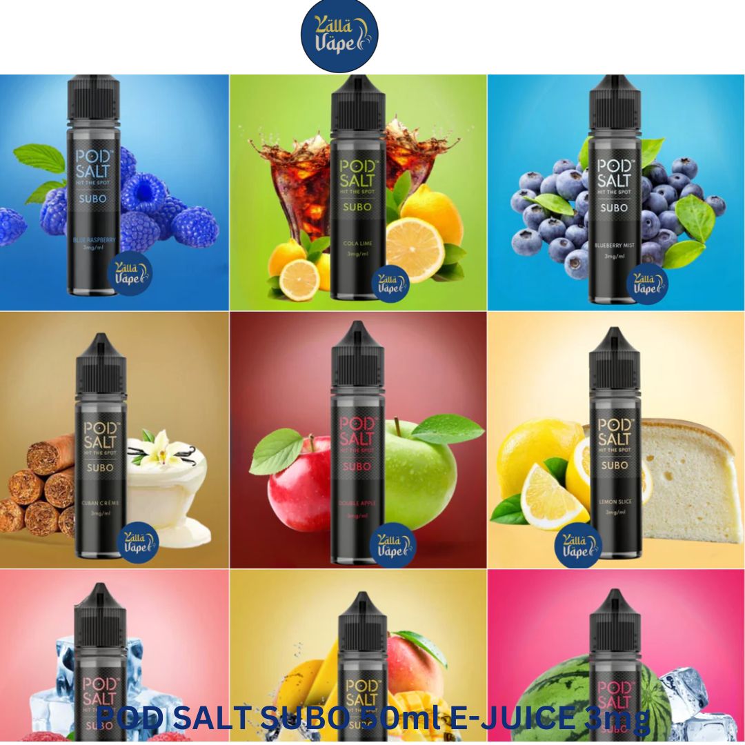 Pod Salt Subo 50ml 3mg E-Juice Freebase Vape Juice with Strawberry, Watermelon Breeze, Mango Ice, Blue Raspberry, Ice Mint, Lychee Ice, Blueberry Mist, Cola Lime, Cuban Creme, Double Apple, Lemon Slice and Mixed Berries Ice available in Dubai UAE