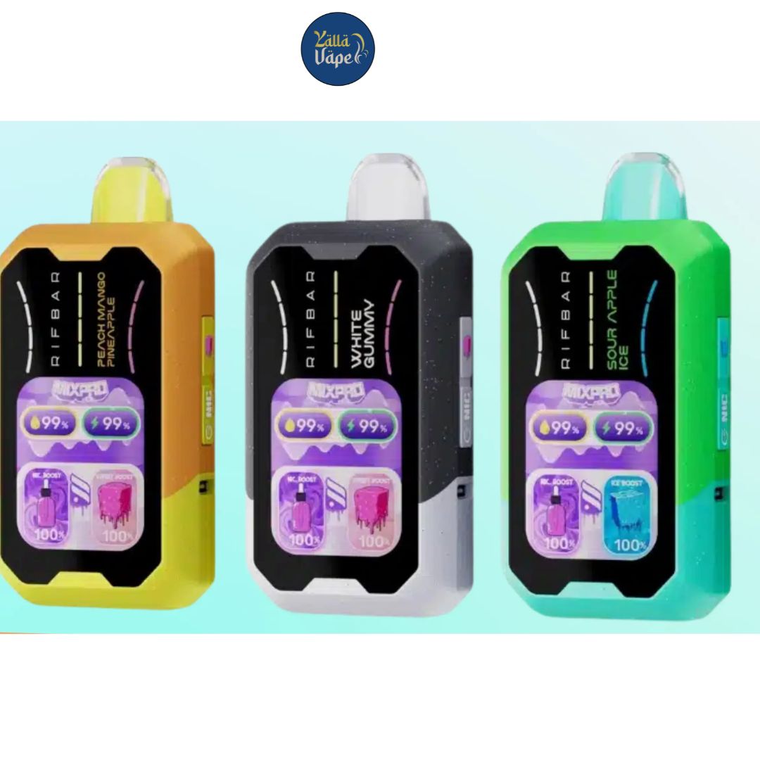 Rifbar 40000 Puffs vape flavor showcase with fruity and icy options including Blackberry BPOP, Pink Slushy Miami Mint, Lush Ice, Cola Ice, Grape Ice and more many.