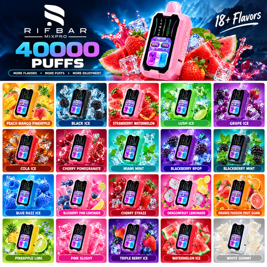 Rifbar Mixpro 40000 Puffs disposable vape with multiple flavors including Peach Mango Pineapple, Black Ice, Grape Ice, Strawberry Watermelon, Lush Ice, Cola Ice, Cherry Pomegranate, Miami Mint, Blackberry BPOP, Blackberry Mint, Blue Razz Ice, Blueberry Pink Lemonade, Cherry Strazz, Dragonfruit Lemonade, Orange Passion Fruit Guava, Pineapple Lime, Pink Slushy, Triple Berry Ice, Watermelon Ice, White Gummy and more.