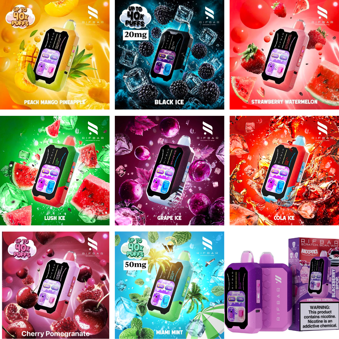 Rifbar Mixpro 40K disposable vape flavor collection featuring Cherry Pomegranate, Cola Ice, Lush Ice, Strawberry Watermelon, Peach Mango Pineapple, Black Ice, Grape Ice, Miami Mint, Blackberry Bpop and more many.