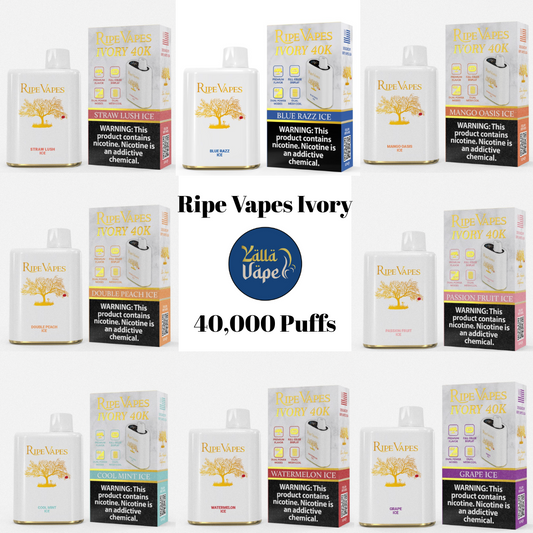 Ripe Vapes IVORY 40K (40,000 Puffs) disposable vape — VCT 2%, VCT 5%, Passion Fruit Ice, Mango Oasis Ice, Watermelon Ice, Double Peach Ice, Grape Ice, Cool Mint Ice, Straw Lush Ice, Virginia Blend, Blue Razz Ice — Dubai, Abu Dhabi, Sharjah, UAE