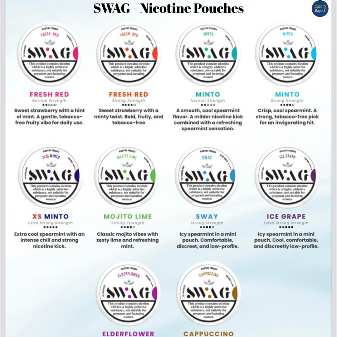 SWAG Nicotine Pouches — Fresh Red, Minto, Mojito Lime, SWAY, Ice Grape, Elderflower, Cappuccino; slim tobacco-free pouches, multi-strength (12mg/25mg/30mg) UAE