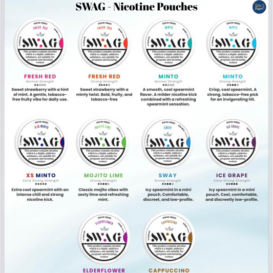 SWAG Nicotine Pouches — Fresh Red, Minto, Mojito Lime, SWAY, Ice Grape, Elderflower, Cappuccino; slim tobacco-free pouches, multi-strength (12mg/25mg/30mg) UAE