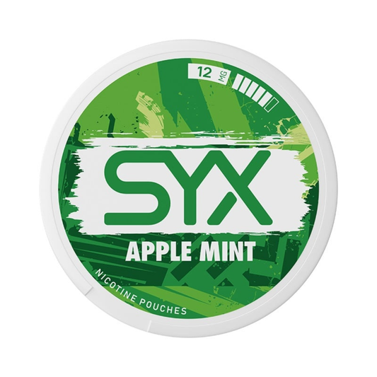SYX Apple Mint 12mg Nicotine Pouches tobacco-free slim cans with crisp apple and cool mint flavor, authentic nicotine pouches available online in Dubai, Abu Dhabi, Sharjah & across UAE.