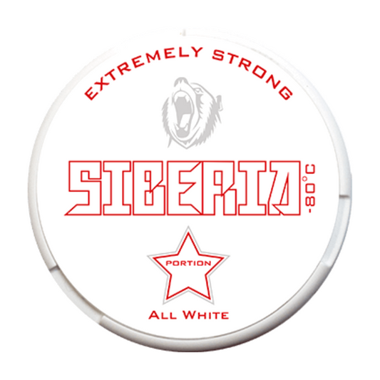 Siberia All White Extremely Strong 33 mg ultra-strong all-white tobacco-free nicotine pouches can—icy mint flavor.