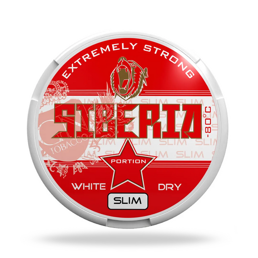 Can of Siberia -80 °C Extremely Strong Slim White Dry Snus (43 mg) nicotine pouches, sleek slim white portions, available in Dubai, Abu Dhabi, Sharjah & across UAE.