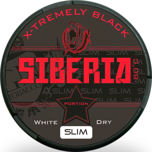 Siberia X-tremely Black White Dry Slim 27.95mg Snus pouch can all-white slim format for sale Dubai UAE