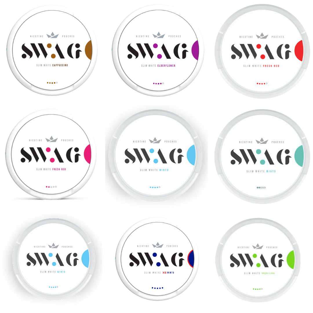 SWAG pouches: Fresh Red • Minto • Mojito Lime • SWAY • Ice Grape • Elderflower • Cappuccino — all-white slim portions, various strengths, Dubai, Abu Dhabi, Sharjah & UAE
