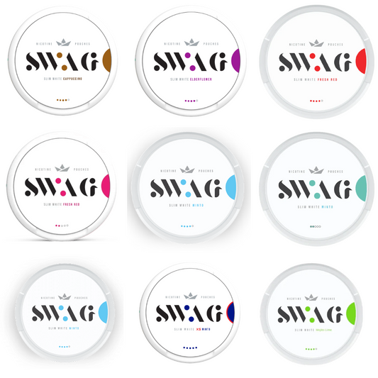SWAG pouches: Fresh Red • Minto • Mojito Lime • SWAY • Ice Grape • Elderflower • Cappuccino — all-white slim portions, various strengths, Dubai, Abu Dhabi, Sharjah & UAE