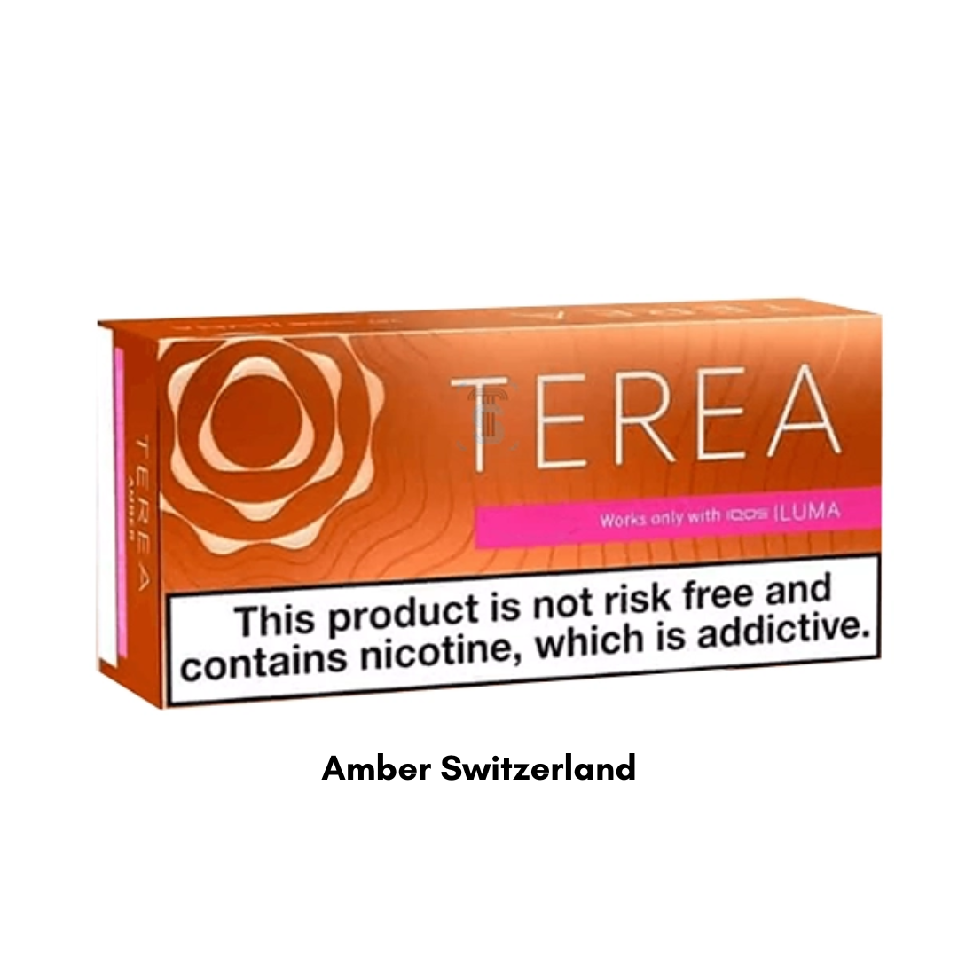 IQOS TEREA Amber Swiss ILUMA stick – smooth, mellow tobacco blend with subtle woody and nutty notes.