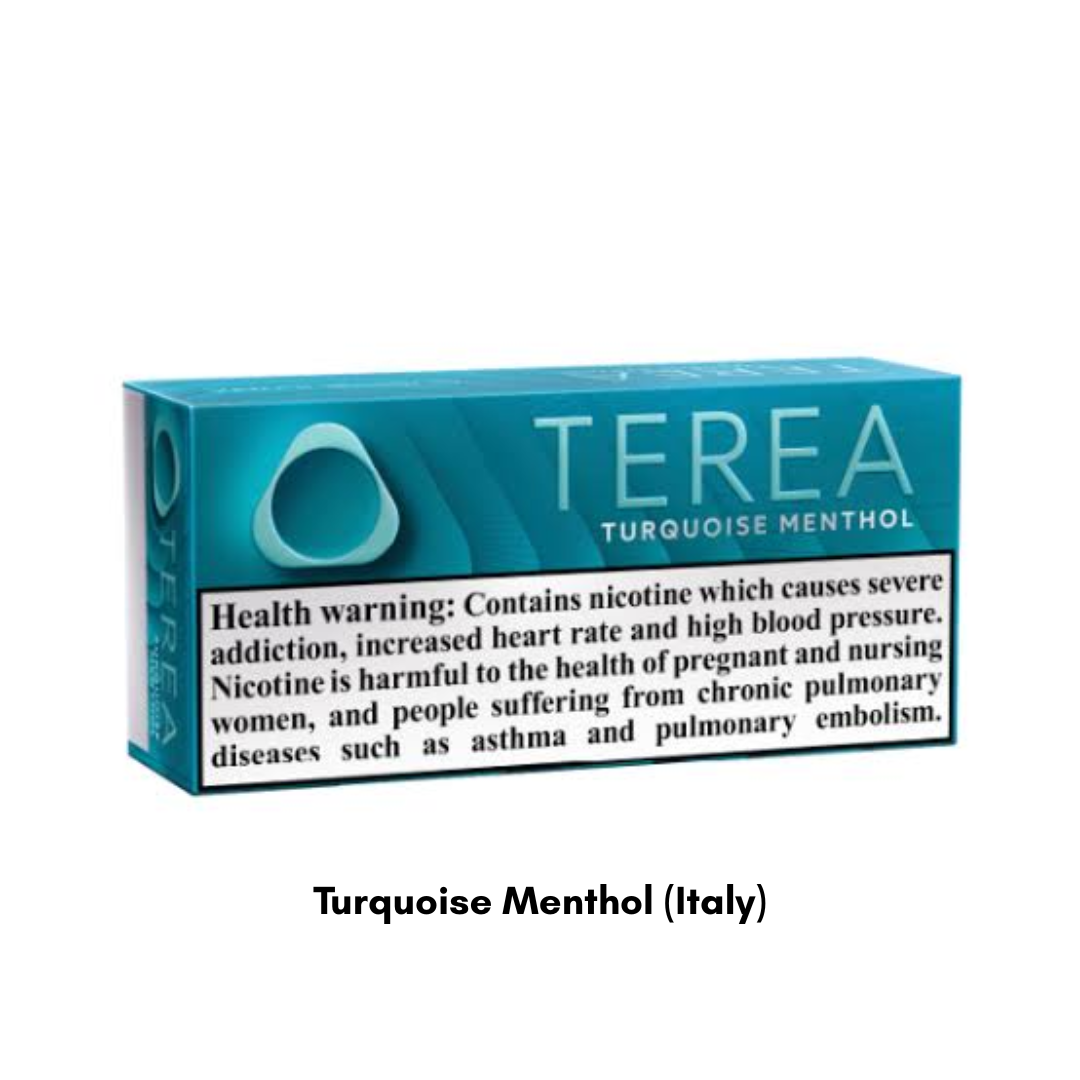 IQOS TEREA Turquoise Menthol Italy tobacco sticks with crisp menthol cooling and lightly toasted tobacco, Dubai UAE