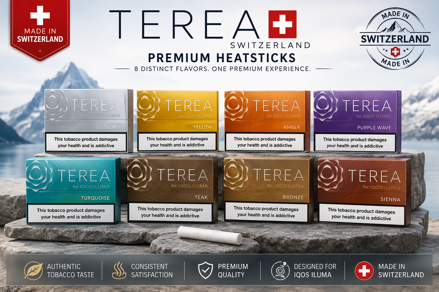 IQOS TEREA Switzerland assorted flavored ILUMA tobacco sticks – premium Swiss-made heat-not-burn sticks delivered in Dubai UAE.