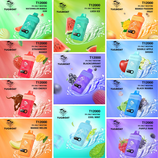 Tugboat (T12K) T12000 Puffs 50mg Disposable Vape complete flavor range including Grape, Cool Mint, Lush Ice, Strawberry Kiwi, Mango Passion Fruit and more for UAE vape shoppers.