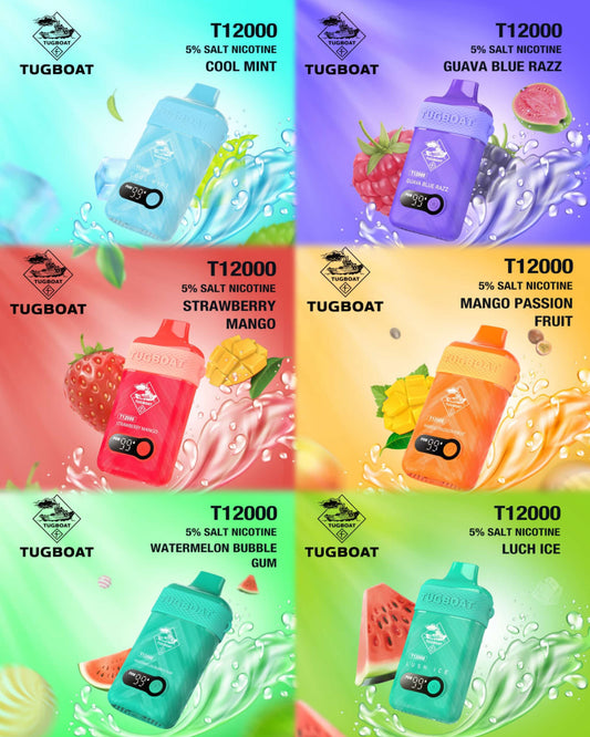 Tugboat T12000 Puffs (T12K) 50mg Disposable Vape all flavors collection with rechargeable Type-C mesh coil, premium nic salt vape for Dubai, Abu Dhabi, Sharjah & UAE.