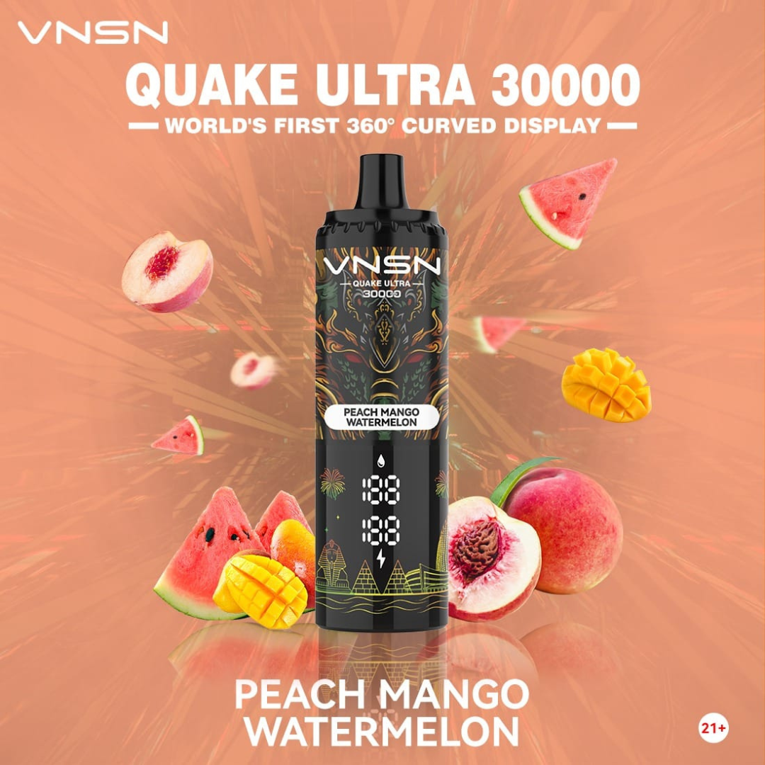 VNSN Quake Ultra 30000 Puffs Peach Mango Watermelon 50mg Disposable Vape, showcasing its sleek design, advanced dual mesh coil, and vibrant 360° LED display—delivering a refreshing blend of peach, mango, and watermelon flavors for premium vaping in Dubai, UAE.