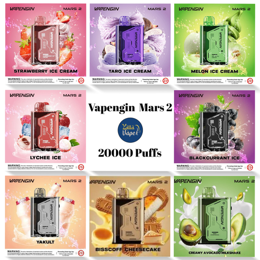 Vapengin Mars 2 20,000 Puffs rechargeable disposable vape — flavors: Strawberry Ice Cream, Taro Ice Cream, Melon Ice Cream, Lychee Ice, Blackcurrant Ice, Yakult, Bisscoff Cheesecake, Creamy Avocado Milkshake & More. 700mAh Type-C charge, long-lasting — Buy Dubai, Abu Dhabi, Sharjah, UAE.