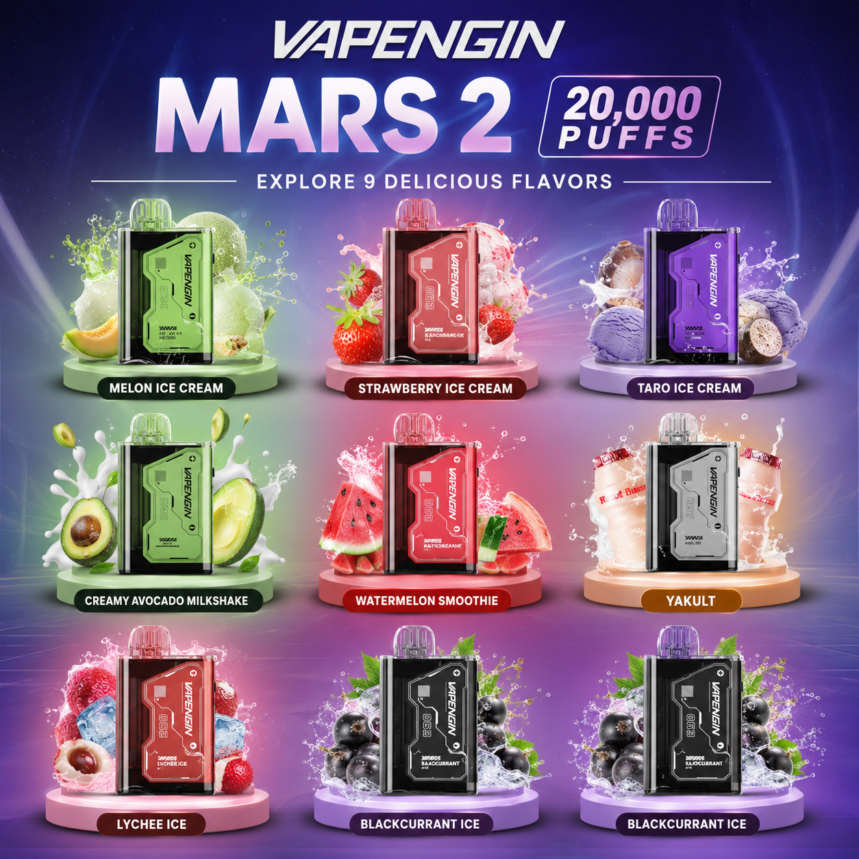 Vapengin Mars 2 20K Puffs Disposable Vape with all flavor variants (Melon Ice Cream, Strawberry Ice Cream, Taro Ice Cream, Butterscotch Coffee, Biscoff Cheesecake, Creamy Avocado Milkshake, Yakult, Black Ice, Blackcurrant Ice, Lychee Ice, Mango Ice & More) – Dubai UAE.