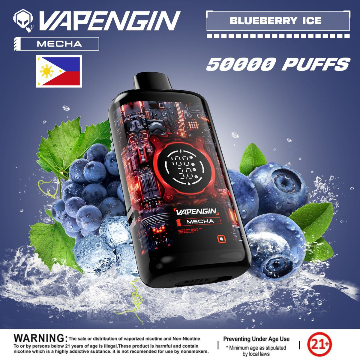 Vapengin Mecha Disposable Vape – Blueberry Ice flavor (blueberry sweetness with a minty exhale.