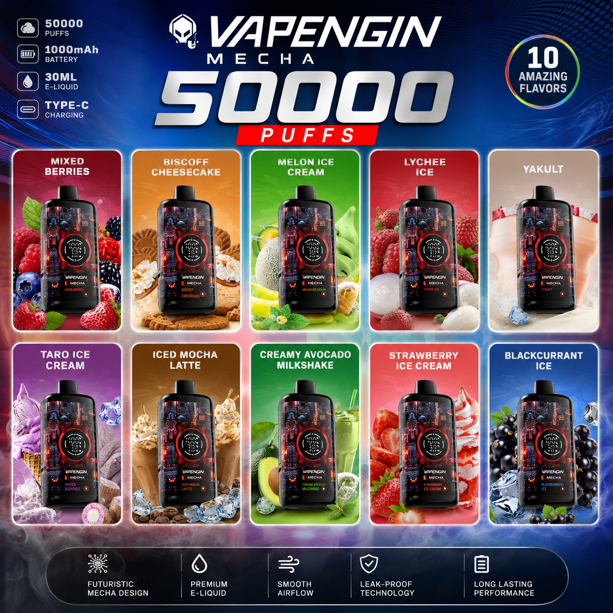 Vapengin Mecha 50,000 Puffs Disposable Vape with All Flavors (Melon Ice Cream, Yakult, Biscoff Cheesecake, Mixed Berries, Blueberry Ice, Lychee Ice, Taro Ice Cream, Iced Mocha Latte, Creamy Avocado Milkshake, Strawberry Ice Cream etc.) – Premium Dubai vape.