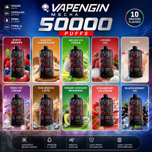 Vapengin Mecha 50,000 Puffs Disposable Vape with All Flavors (Melon Ice Cream, Yakult, Biscoff Cheesecake, Mixed Berries, Blueberry Ice, Lychee Ice, Taro Ice Cream, Iced Mocha Latte, Creamy Avocado Milkshake, Strawberry Ice Cream etc.) – Premium Dubai vape.